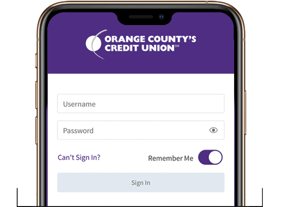 Smart Phone Login Screen of Orange County's Credit Union App