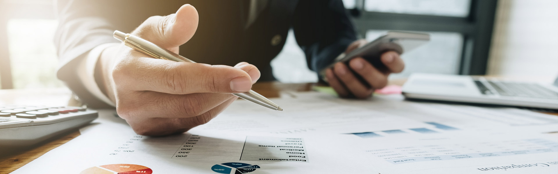 Photo of a tax professional holding a pen over some charts and graphs