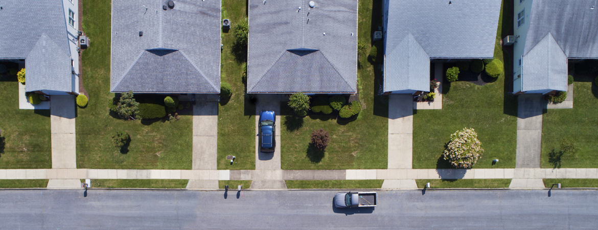 Aerial view of a suburban row of homes