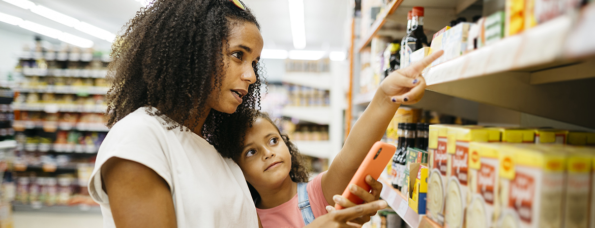 Parent and child grocery shopping